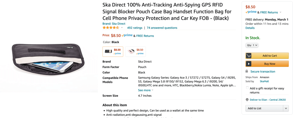 Ska Direct offers a phone privacy pouch that is a low-cost Faraday bag.
