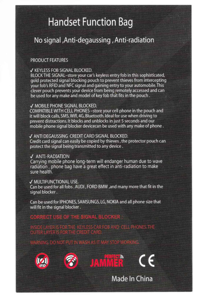 Read the Ska Direct information insert that describes their privacy pouch Faraday bag.