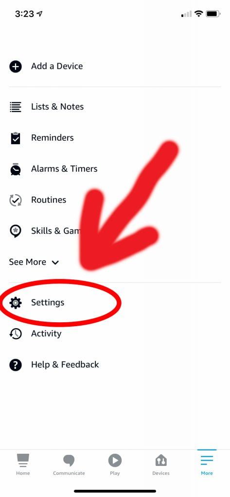 Choose the "Settings" option from Alexa's "More" menu.